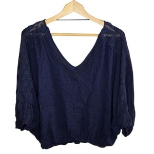 Lovemarks | Navy Blue Boxy Batwing Open Draped Back Top Crochet Lace Size XS